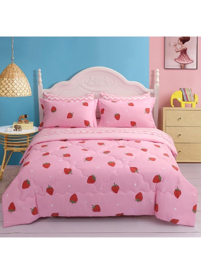 Gusuhome Strawberry Comforter Bedding Set Full Size for Girls 7 Piece Pink Kawaii Comforter Set Bed in A Bag for Kids Teens All Season (1 Comforter,1 Flat Sheet,1 Fitted Sheet and 4 Pillow Sham) - Image 2